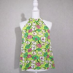 THML Scarf Print Halter Neck Tie Back Sleeveless Chartreuse Floral Y2K Blouse